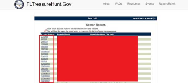 ACCOUNT NUMBER FLORIDA UNCLAIMED PROPERTY