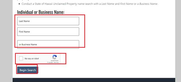 BEGIN SEARCH HAWAII UNCLAIMED PROPERTY