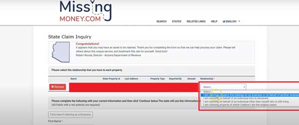 CLAIMANT RELATIONSHIP ARIZONA UNCLAIMED PROPERTY