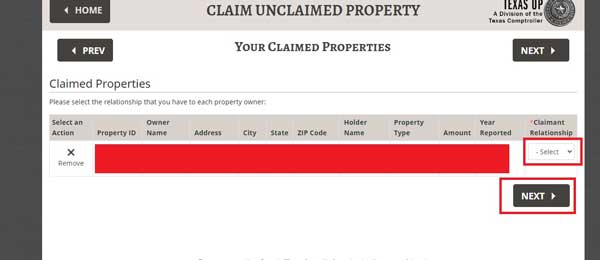 CLAIMANT RELATIONSHIP TEXAS UNCLAIMED PROPERTY