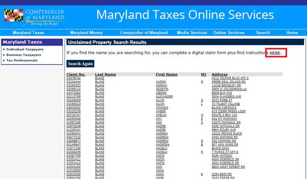  CLIC HERE SEARCH UNCLAIMED PROPERTY MARYLAND