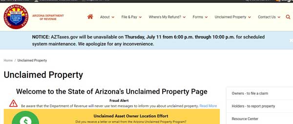 HOME PAGE ARIZONA UNCLAIMED PROPERTY