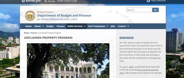 HOME PAGE HAWAII UNCLAIMED PROPERTY