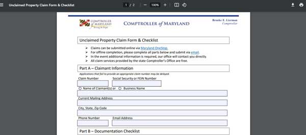 PDF DOCUMENT UNCLAIMED PROPERTY FORM MARYLAND