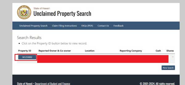 PROPERTY ID HAWAII UNCLAIMED PROPERTY