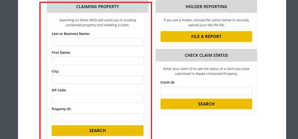 SEARCH CLAIMANT PROPERTY ALASKA UNCLAIMED PROPERTY