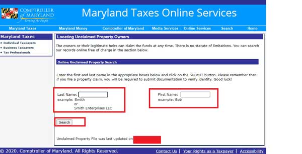 SEARCH HERE BY NAME UNCLAIMED PROPERTY DIVISION UNCLAIMED PROPERTY MARYLAND