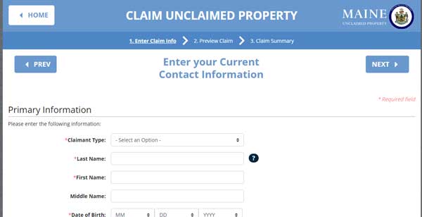 PRIMARY INFORMATION MAINE UNCLAIMED PROPERTY