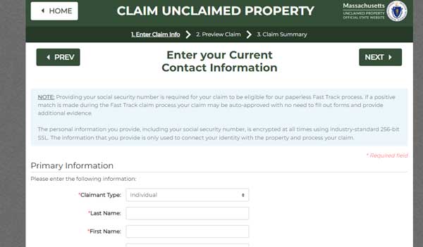 PRIMARY INFORMATION MASSACHUSETTS UNCLAIMED PROPERTY