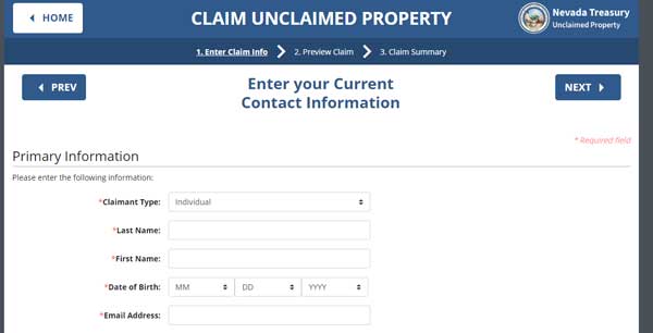 PRIMARY INFORMATION NEVADA UNCLAIMED PROPERTY