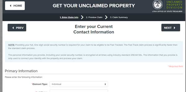 PRIMARY INFORMATION UTAH UNCLAIMED PROPERTY