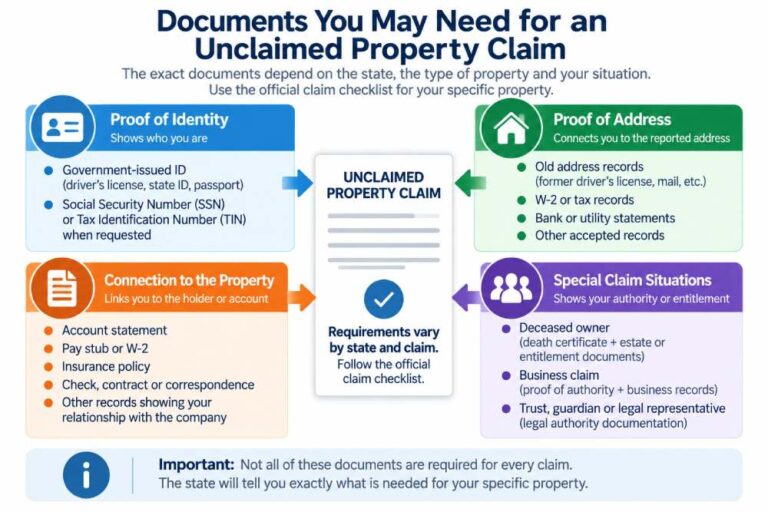 Infographic showing common document categories for unclaimed property claims, including identity, old-address proof, property connection and representative authority