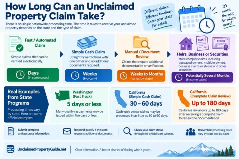 Infographic showing unclaimed property claim processing times from days to several months with Washington and California examples
