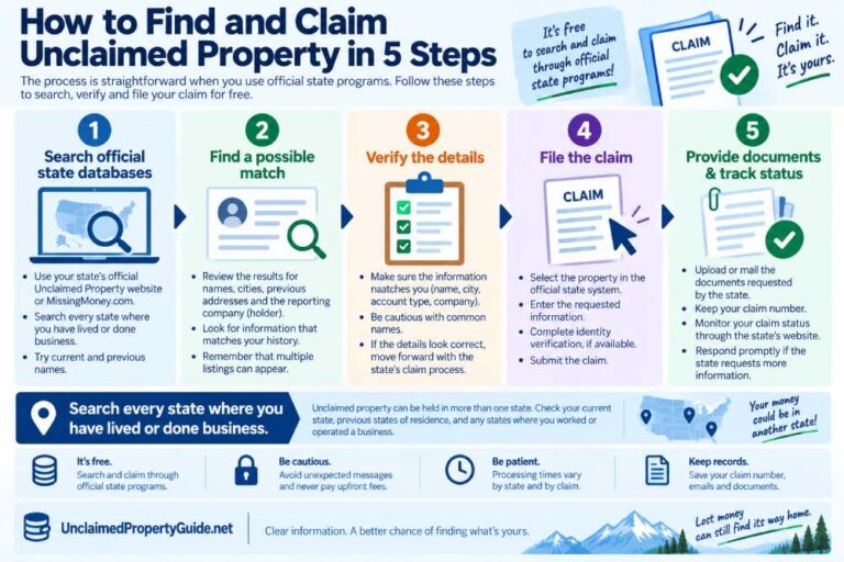 Infographic showing how to find and claim unclaimed property in five steps using official state databases