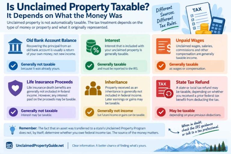 Infographic explaining when unclaimed property may be taxable based on bank balances, interest, wages, life insurance, inheritance and state tax refunds