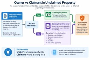 Infographic showing the difference between the reported owner on an unclaimed property record and the claimant who files to recover the property