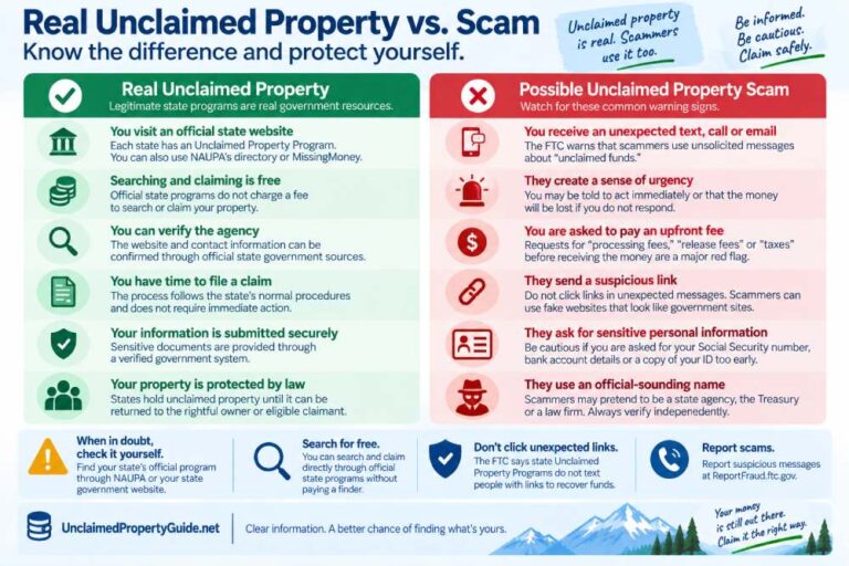 Infographic comparing legitimate unclaimed property programs with common scam warning signs such as upfront fees, suspicious links and unexpected messages