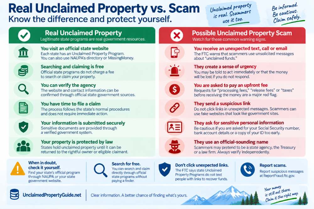 Infographic comparing legitimate unclaimed property programs with common scam warning signs such as upfront fees, suspicious links and unexpected messages