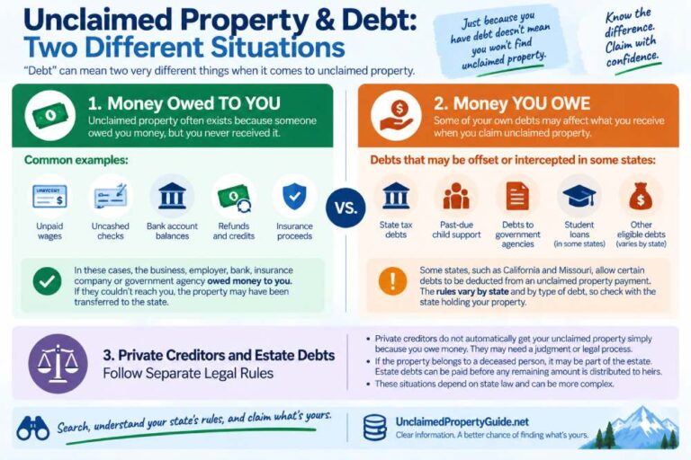 Infographic explaining the difference between money owed to you as unclaimed property and debts you owe that may affect a claim