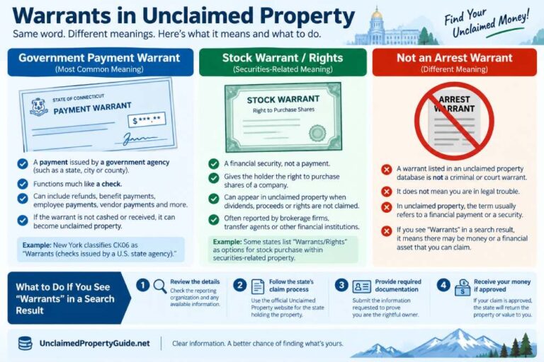 Warrants in unclaimed property explained as government payment warrants, stock warrants and not arrest warrants
