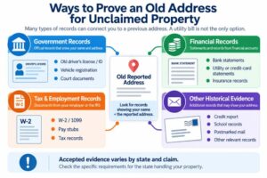 Infographic showing documents that may help prove an old address for an unclaimed property claim, including tax records, bank statements, IDs and old mail