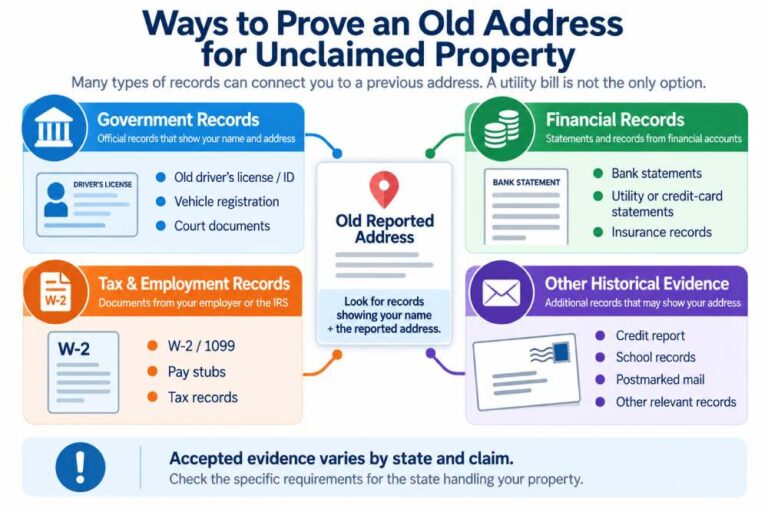 Infographic showing documents that may help prove an old address for an unclaimed property claim, including tax records, bank statements, IDs and old mail