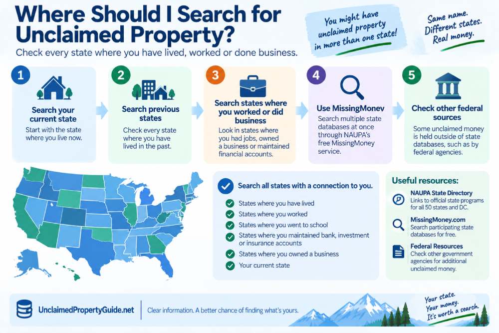 Infographic showing where to search for unclaimed property, including current and previous states, work or business states, MissingMoney and federal sources