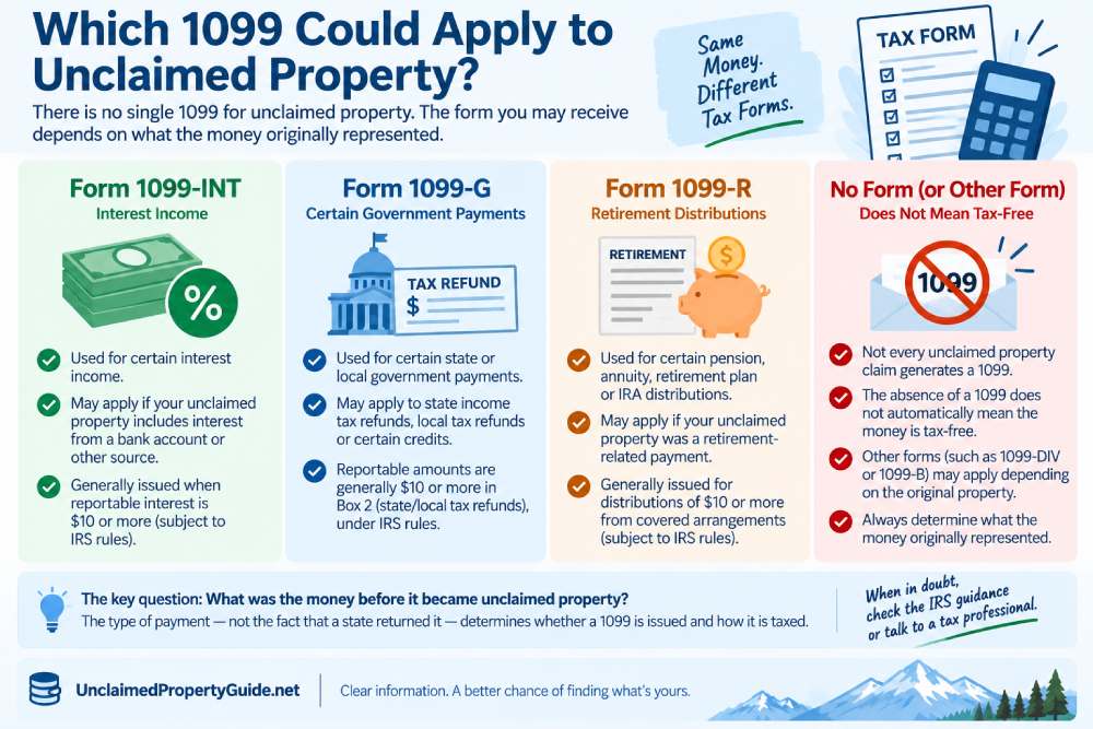 Infographic explaining which 1099 forms may apply to unclaimed property, including 1099-INT, 1099-G and 1099-R