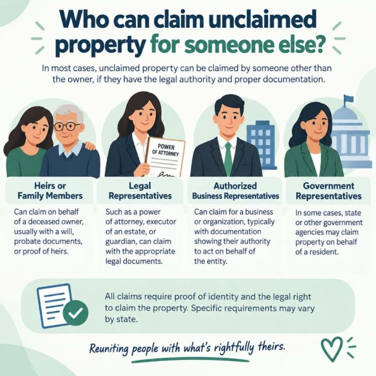 Infographic showing who may be able to claim unclaimed property for another person, including authorized agents, guardians, trustees and estate representatives