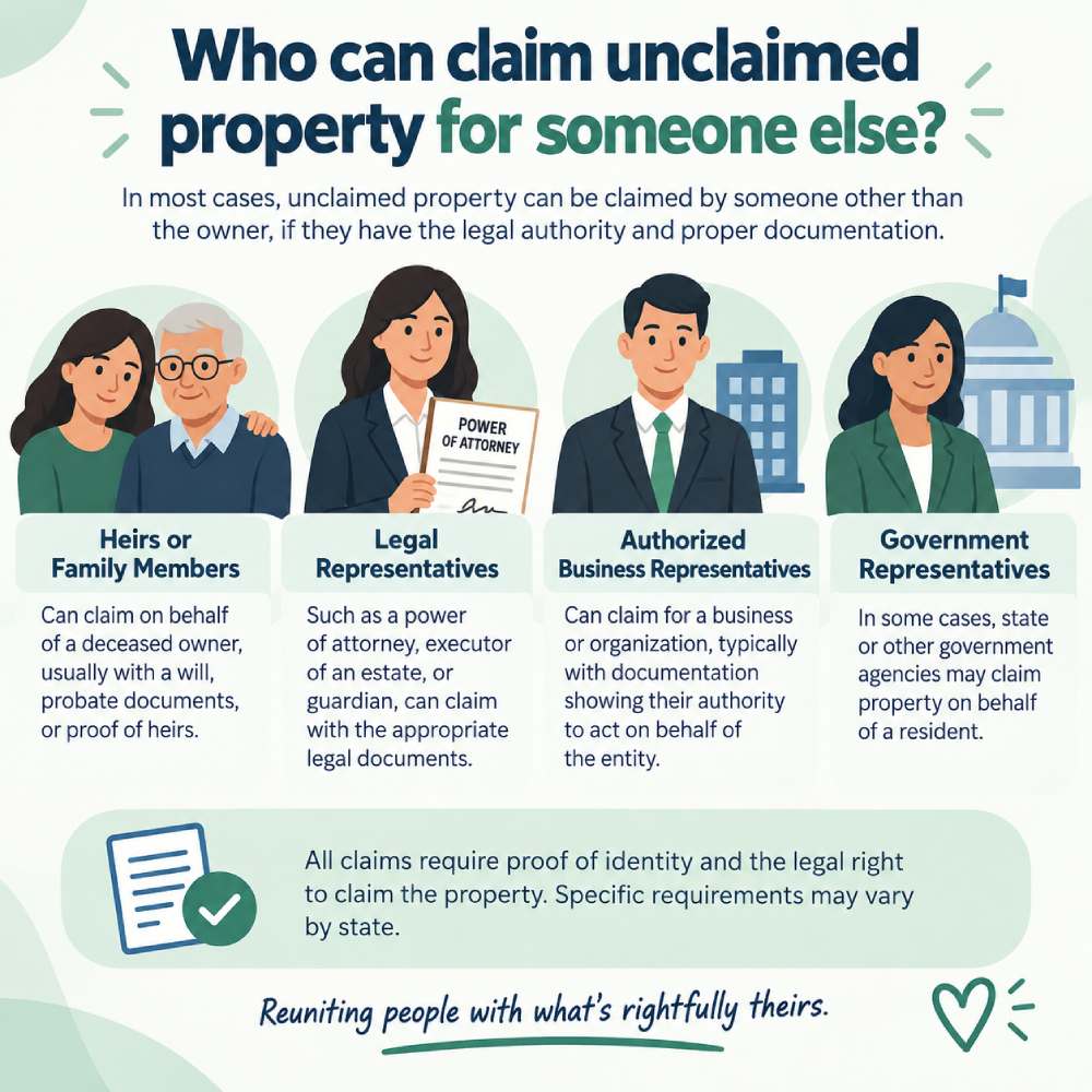 Infographic showing who may be able to claim unclaimed property for another person, including authorized agents, guardians, trustees and estate representatives