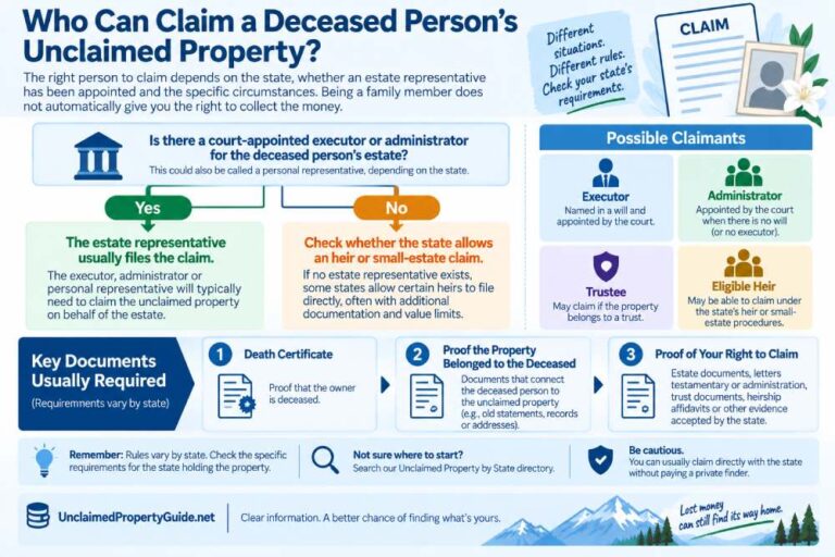 Infographic explaining who can claim a deceased person’s unclaimed property, including executors, administrators, trustees and eligible heirs