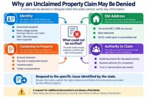 Infographic showing common reasons an unclaimed property claim may be denied or delayed, including identity, old-address, ownership and claimant-authority issues