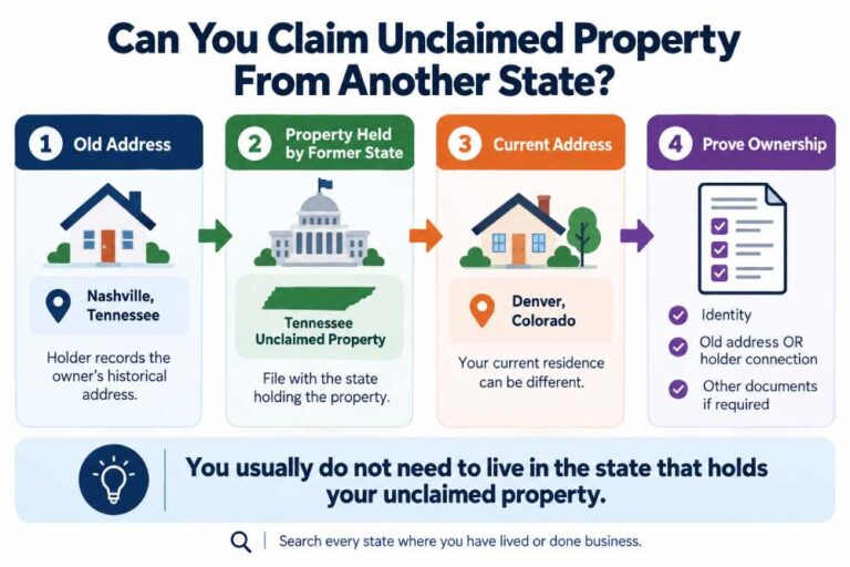 Infographic showing how to claim unclaimed property from another state after moving, including the old address, state holding the property, current address and ownership proof