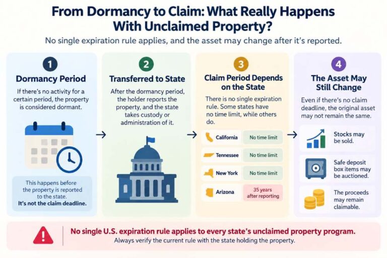 Infographic explaining unclaimed property expiration, including dormancy periods, state custody, state-specific claim deadlines and possible asset changes