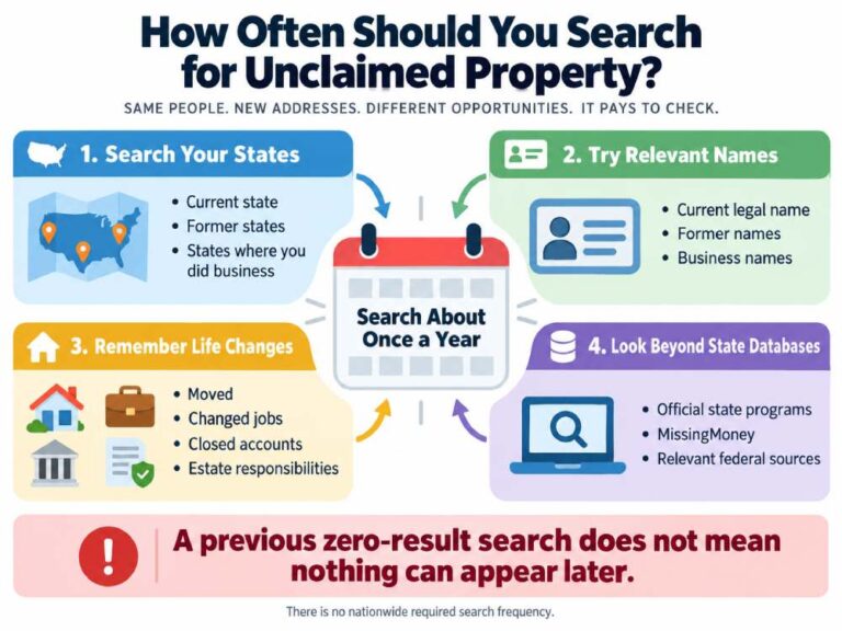 Infographic showing how often to search for unclaimed property and what to check each year, including current and former states, names and federal sources