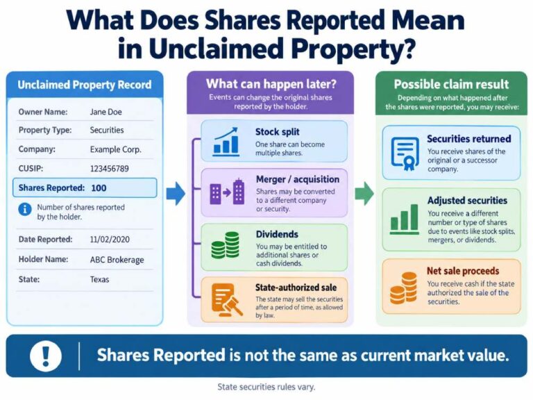 Infographic explaining what Shares Reported means in unclaimed property and how stock splits, mergers, dividends and securities sales can affect a claim