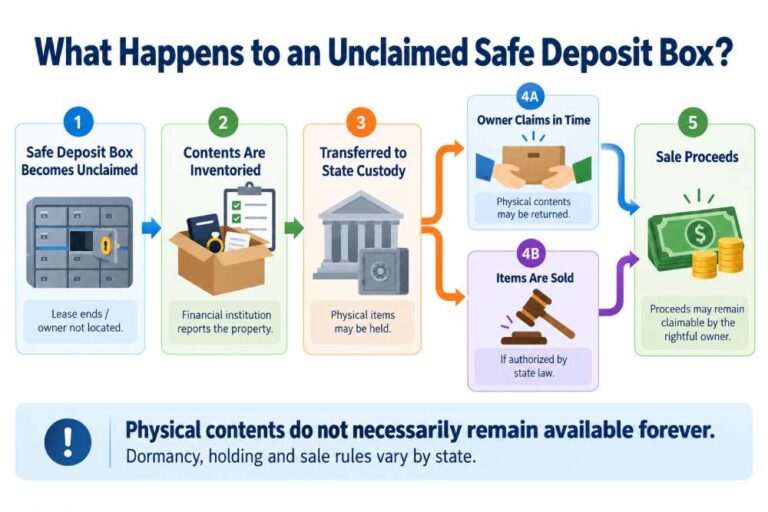 Infographic showing what happens when safe deposit box contents become unclaimed property, including state custody, return of physical items and auction proceeds