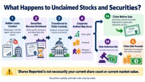 Infographic showing what happens when stocks and securities become unclaimed property, including state custody, corporate actions, sale of shares and claim proceeds