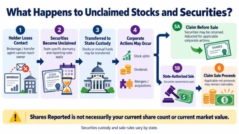 Infographic showing what happens when stocks and securities become unclaimed property, including state custody, corporate actions, sale of shares and claim proceeds